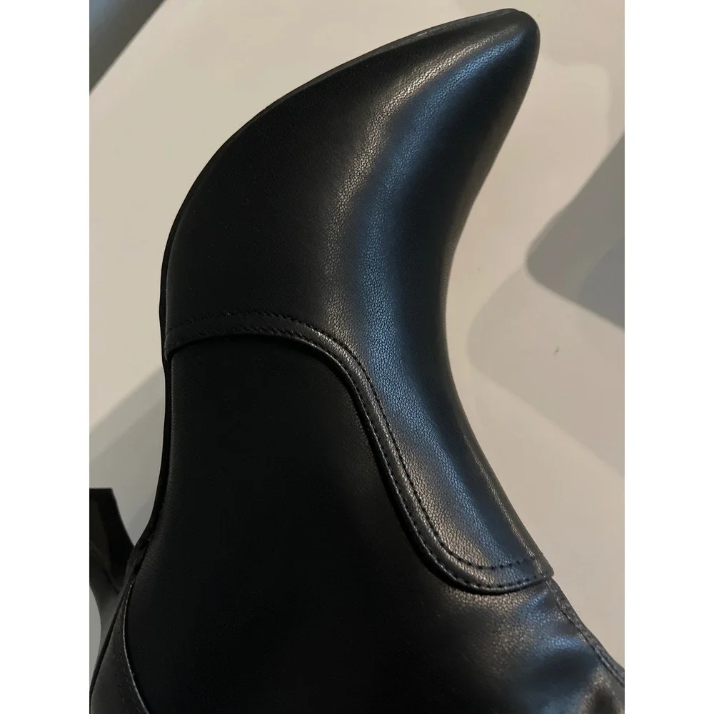 Black Pointed Toe Kitten Heel Ankle Boots Faux Leather Sock Booties Zip Up